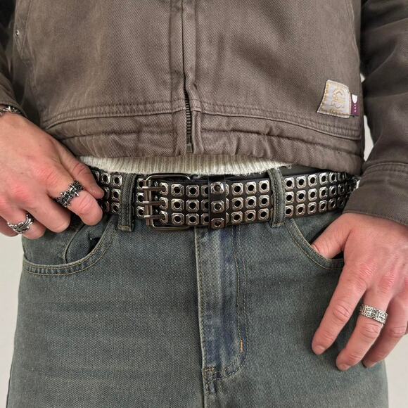 vintage black silver rivet american western cowboy boho belt - Picture 6 of 10